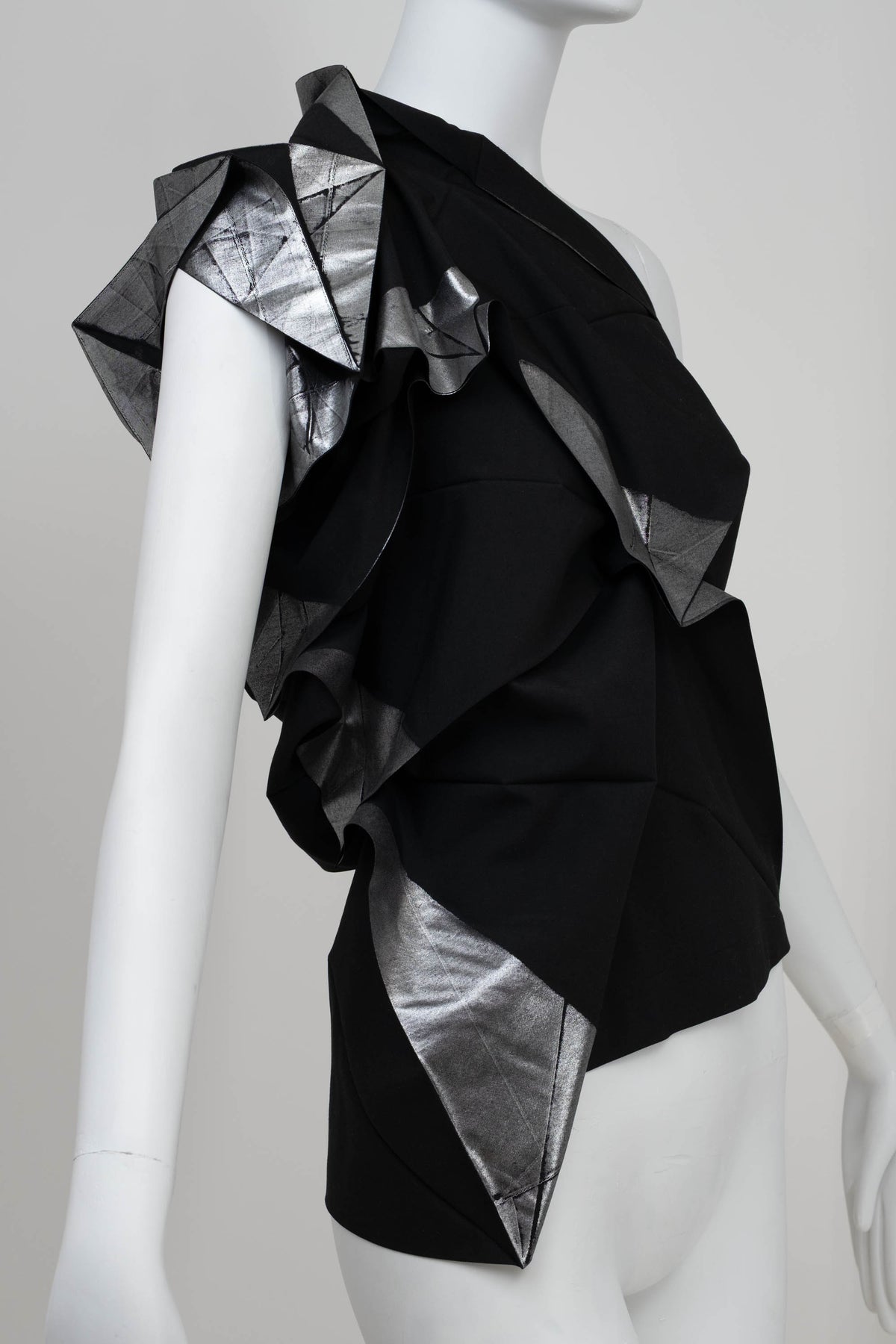 Issey Miyake Black and Silver Origami One Shoulder Top