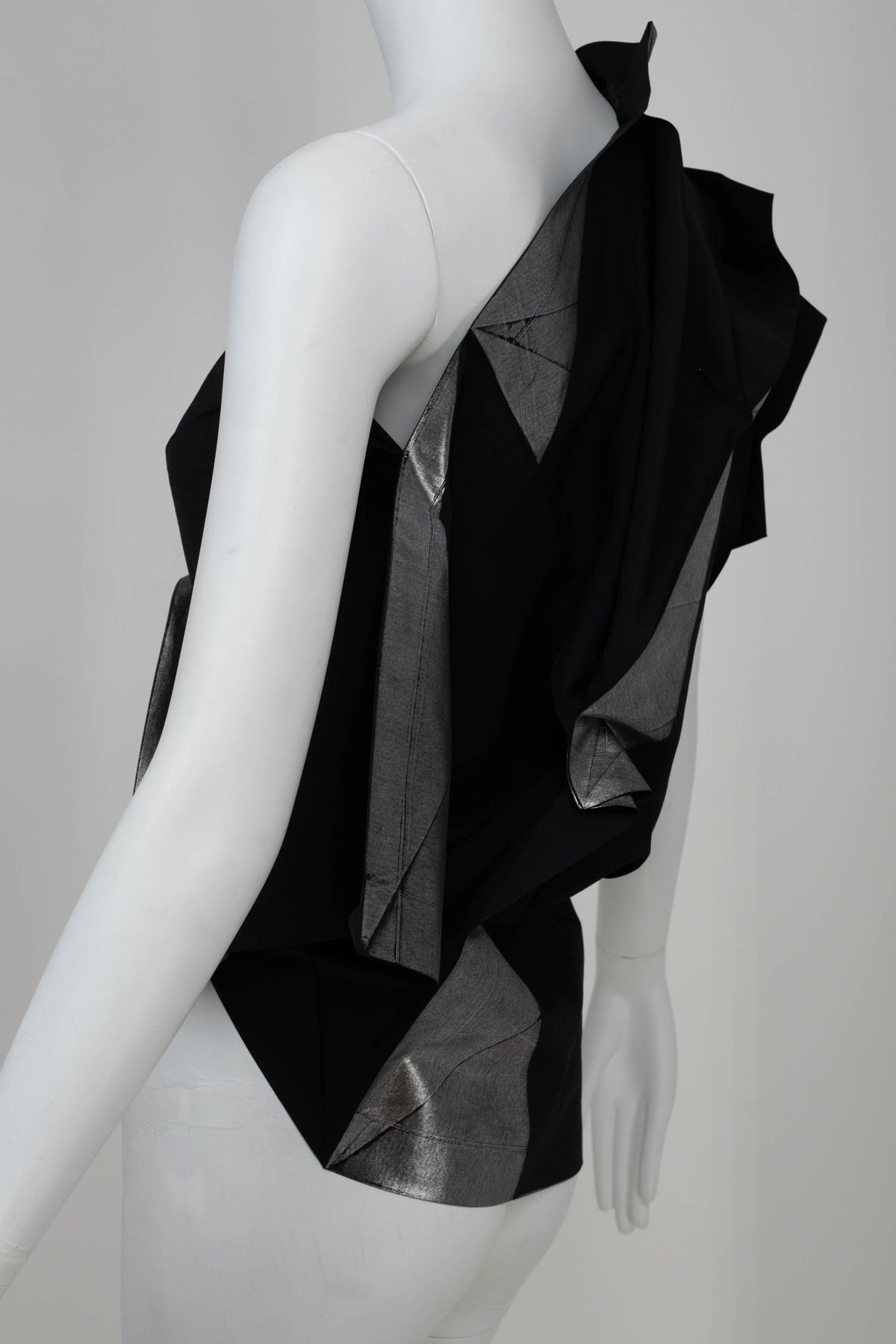 Issey Miyake Black and Silver Origami One Shoulder Top