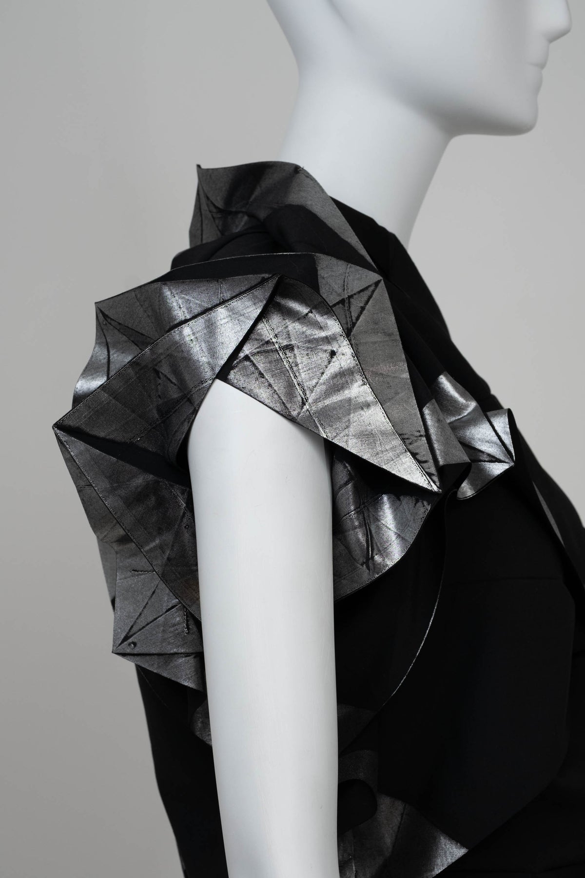 Issey Miyake Black and Silver Origami One Shoulder Top