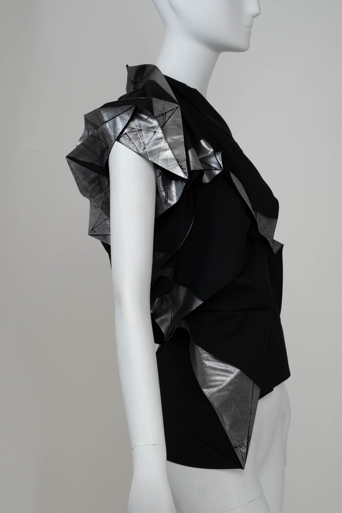 Issey Miyake Black and Silver Origami One Shoulder Top