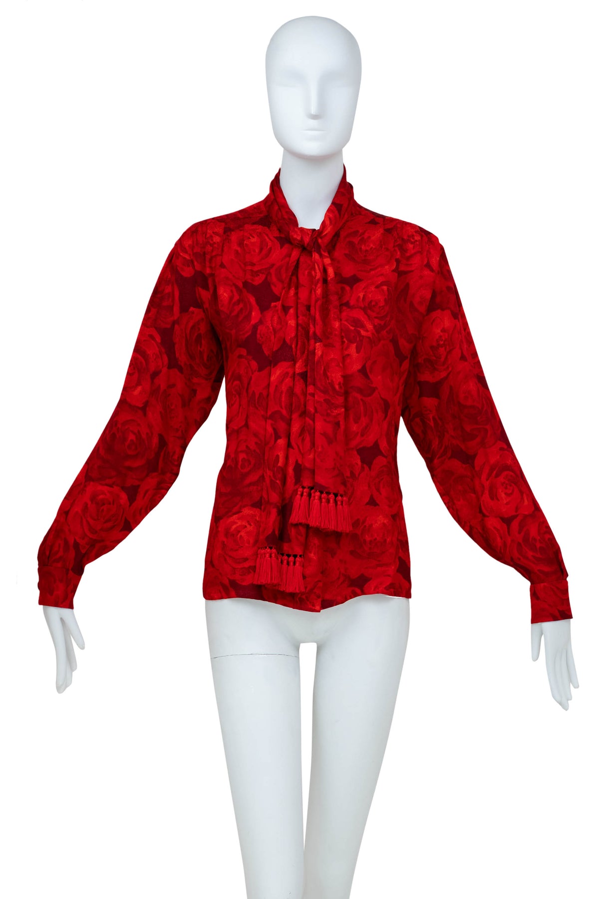 Yves Saint Laurent Rive Gauche Red Rose Print Fringe Neck Tie Blouse 1970's Size 40