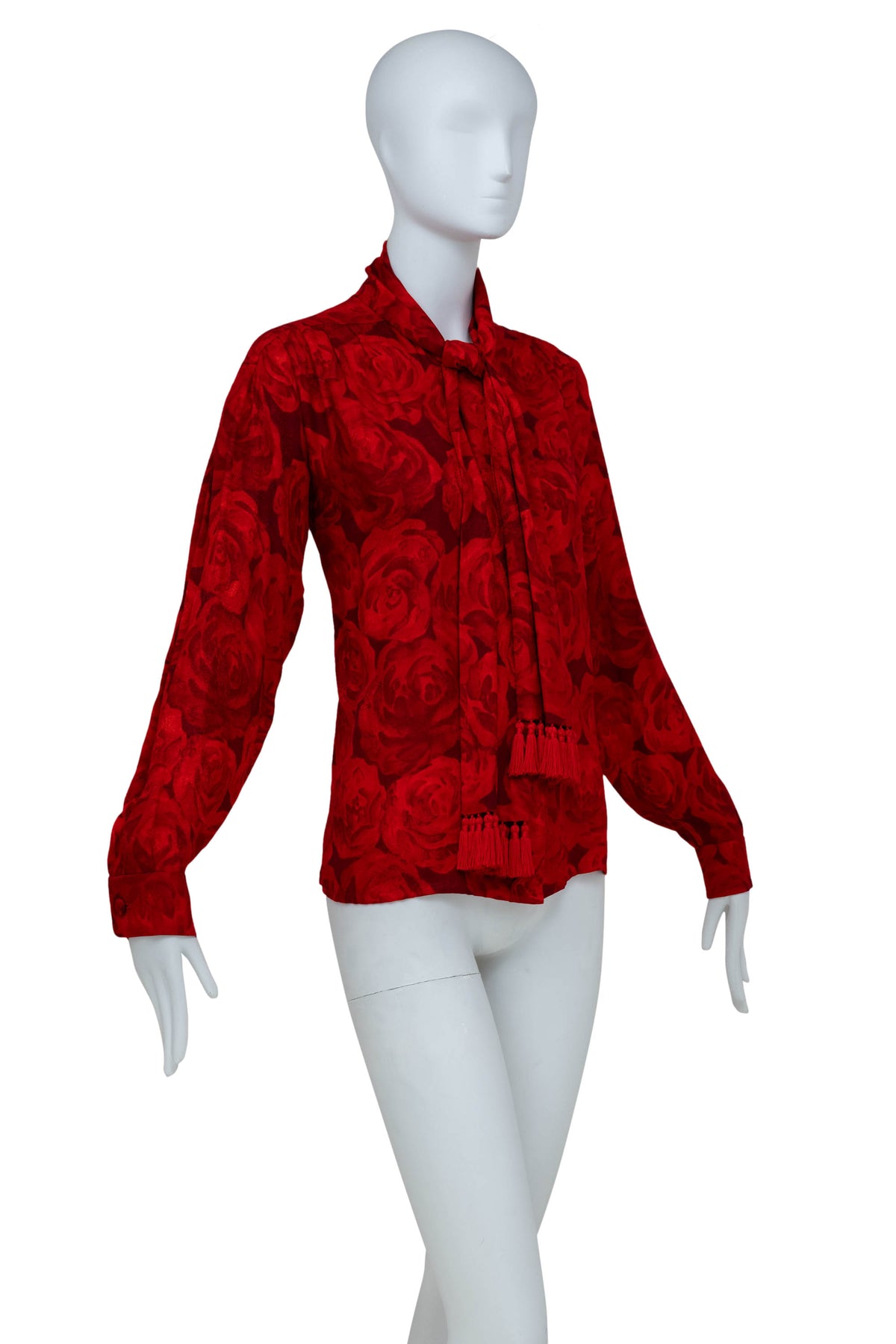 Yves Saint Laurent Rive Gauche Red Rose Print Fringe Neck Tie Blouse 1970's Size 40