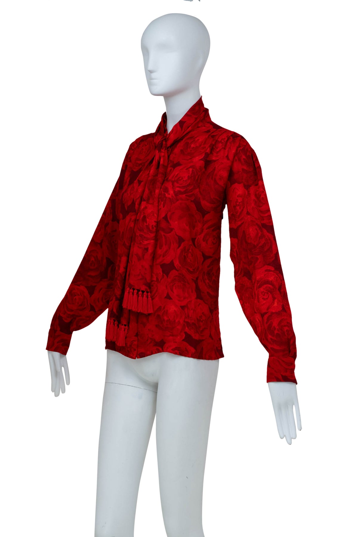 Yves Saint Laurent Rive Gauche Red Rose Print Fringe Neck Tie Blouse 1970's Size 40