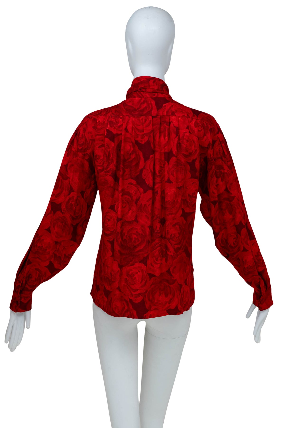 Yves Saint Laurent Rive Gauche Red Rose Print Fringe Neck Tie Blouse 1970's Size 40