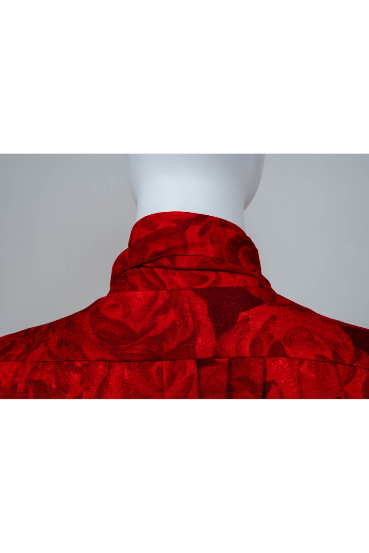 Yves Saint Laurent Rive Gauche Red Rose Print Fringe Neck Tie Blouse 1970's Size 40