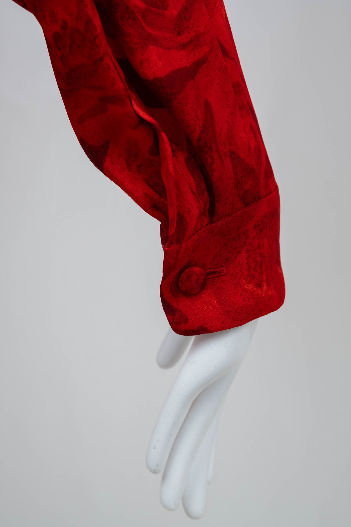 Yves Saint Laurent Rive Gauche Red Rose Print Fringe Neck Tie Blouse 1970's Size 40