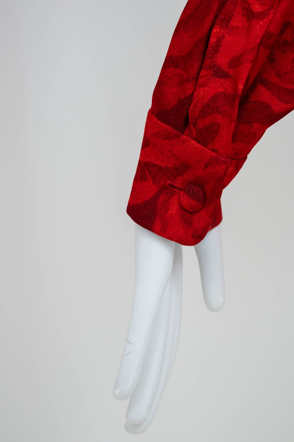 Yves Saint Laurent Rive Gauche Red Rose Print Fringe Neck Tie Blouse 1970's Size 40