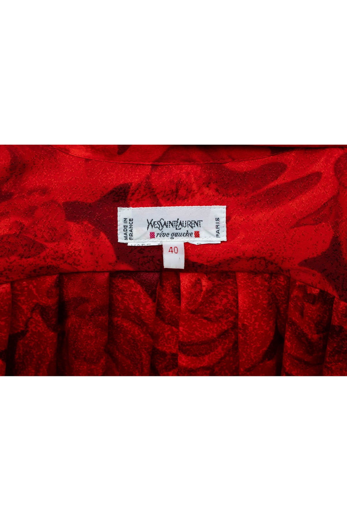 Yves Saint Laurent Rive Gauche Red Rose Print Fringe Neck Tie Blouse 1970's Size 40
