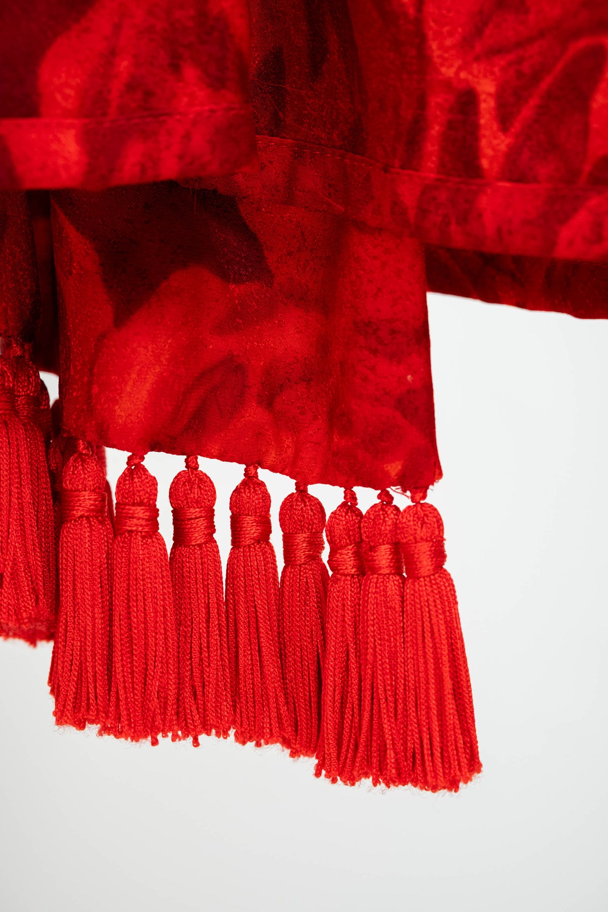 Yves Saint Laurent Rive Gauche Red Rose Print Fringe Neck Tie Blouse 1970's Size 40