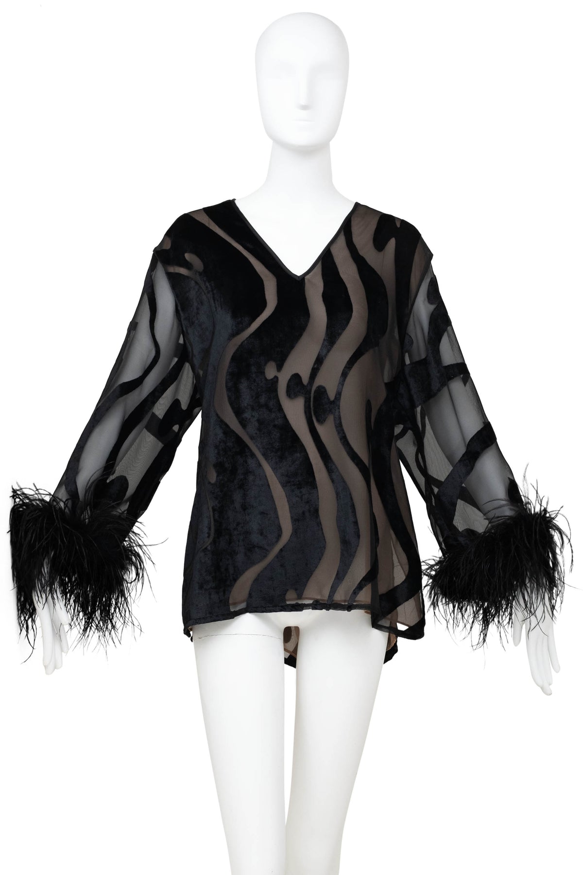 Valentino Intimo Black Chiffon Cut-out Velvet Feather Sleeve Blouse