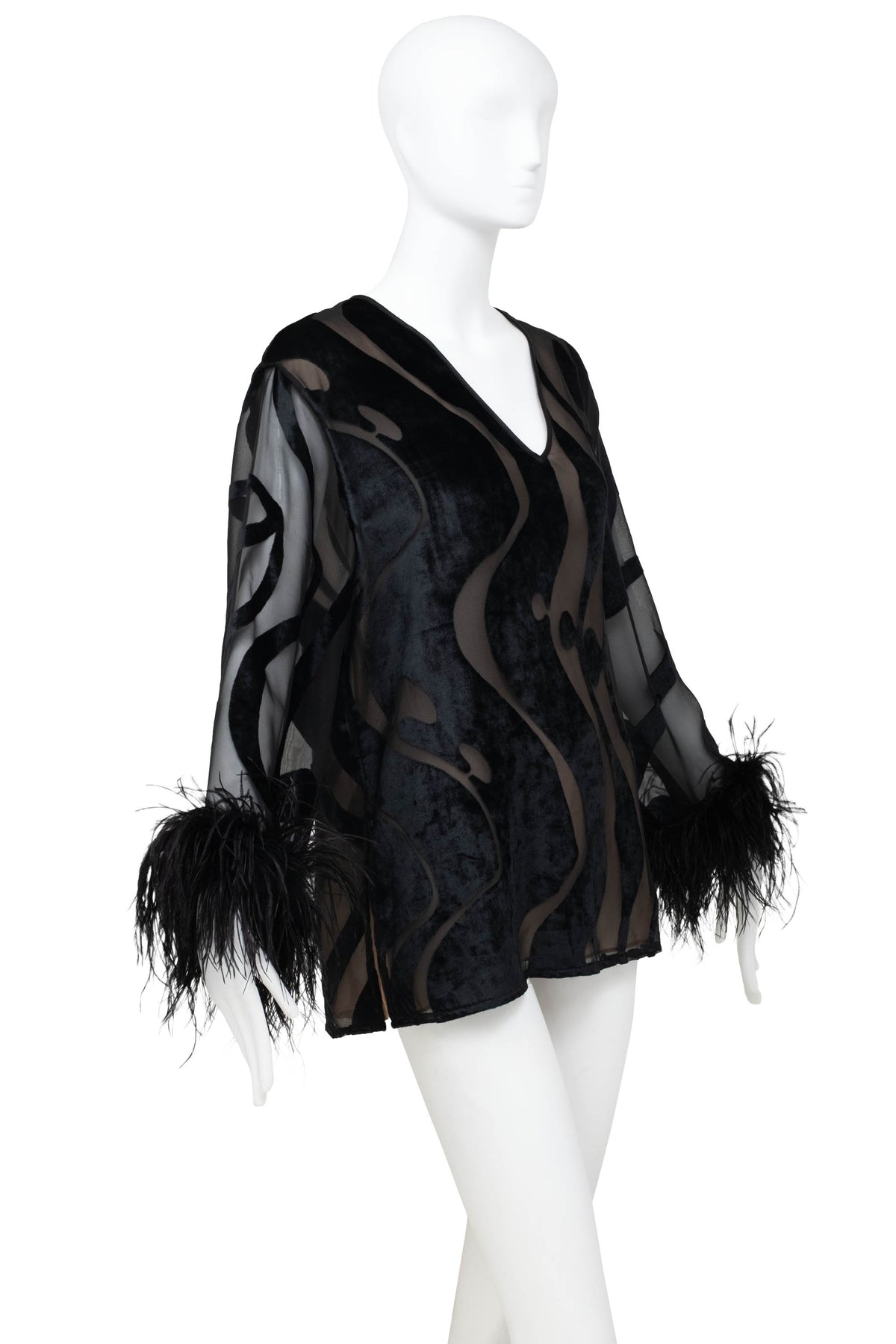 Valentino Intimo Black Chiffon Cut-out Velvet Feather Sleeve Blouse