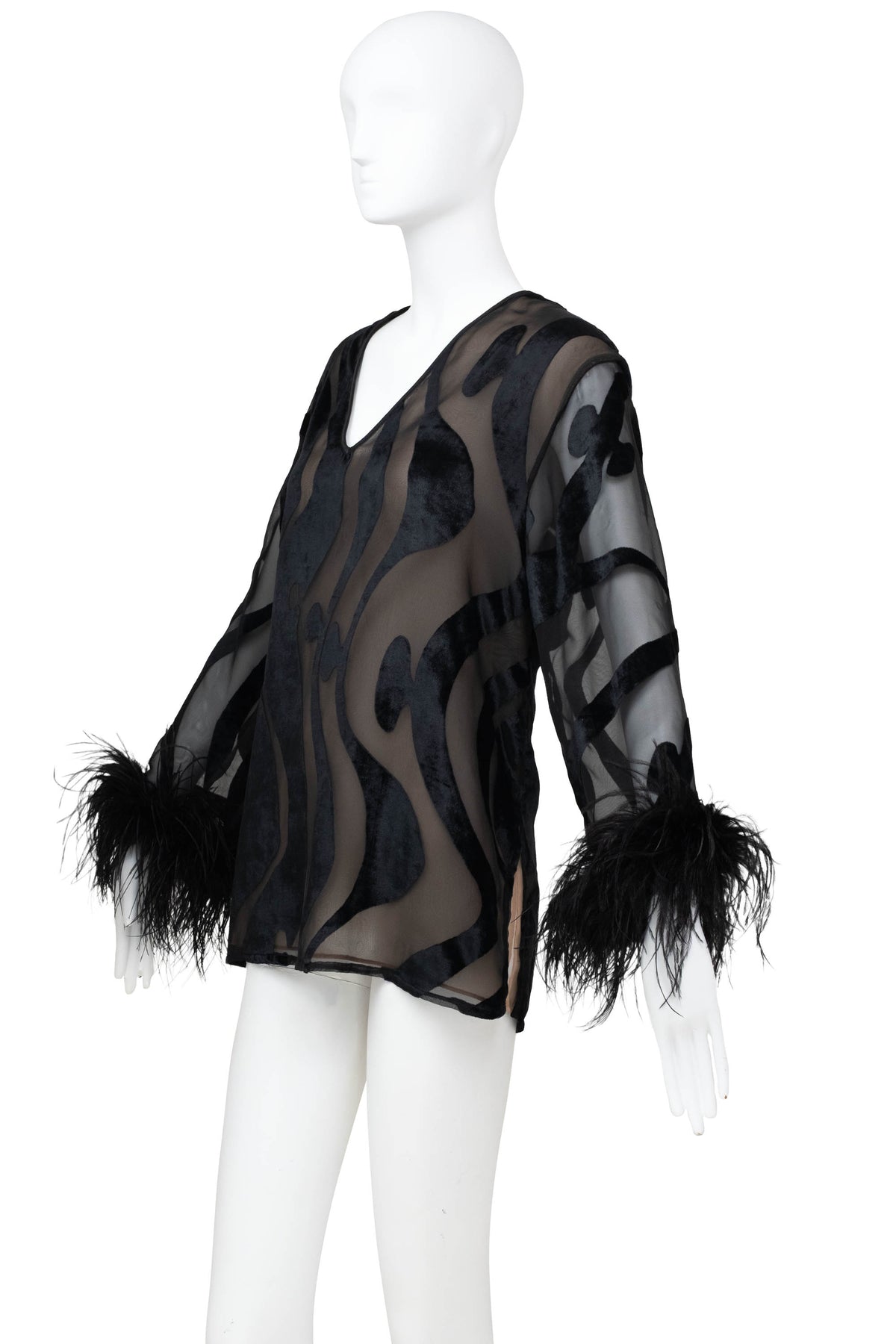 Valentino Intimo Black Chiffon Cut-out Velvet Feather Sleeve Blouse