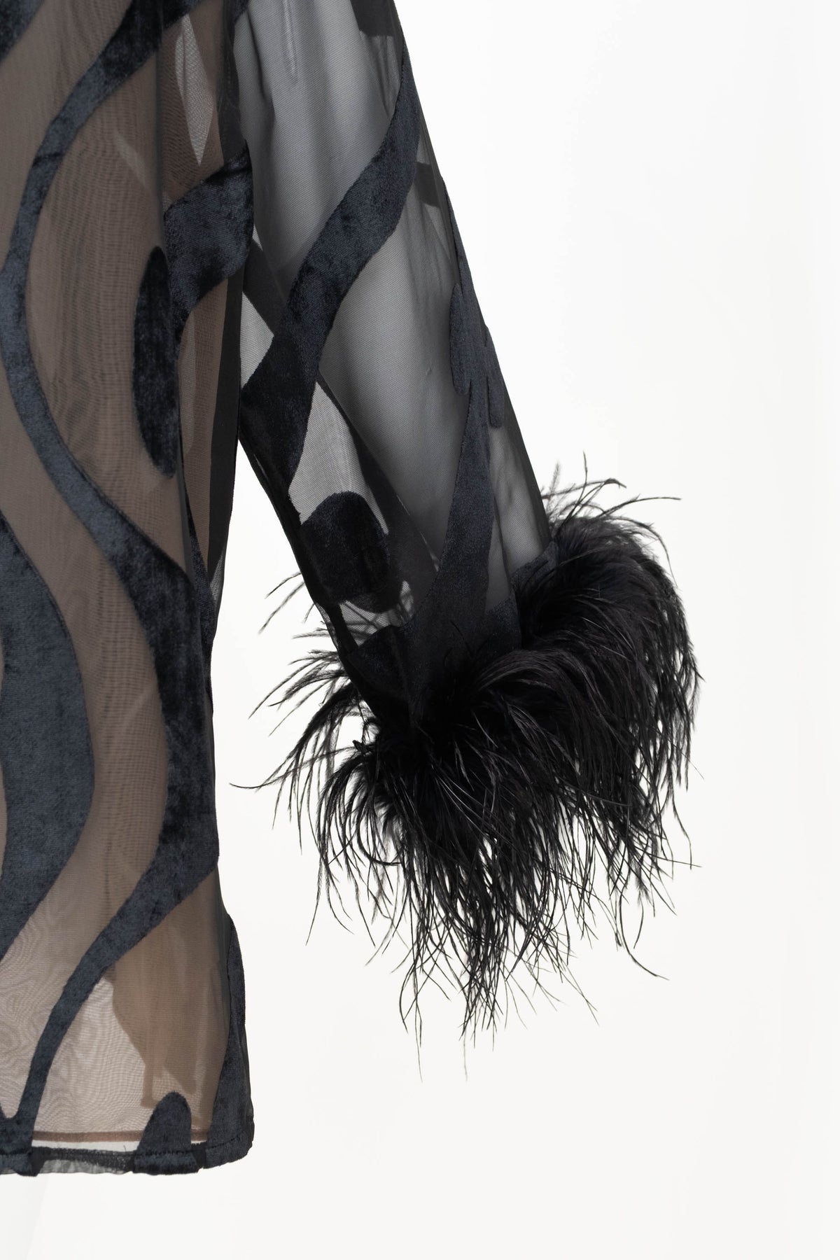 Valentino Intimo Black Chiffon Cut-out Velvet Feather Sleeve Blouse