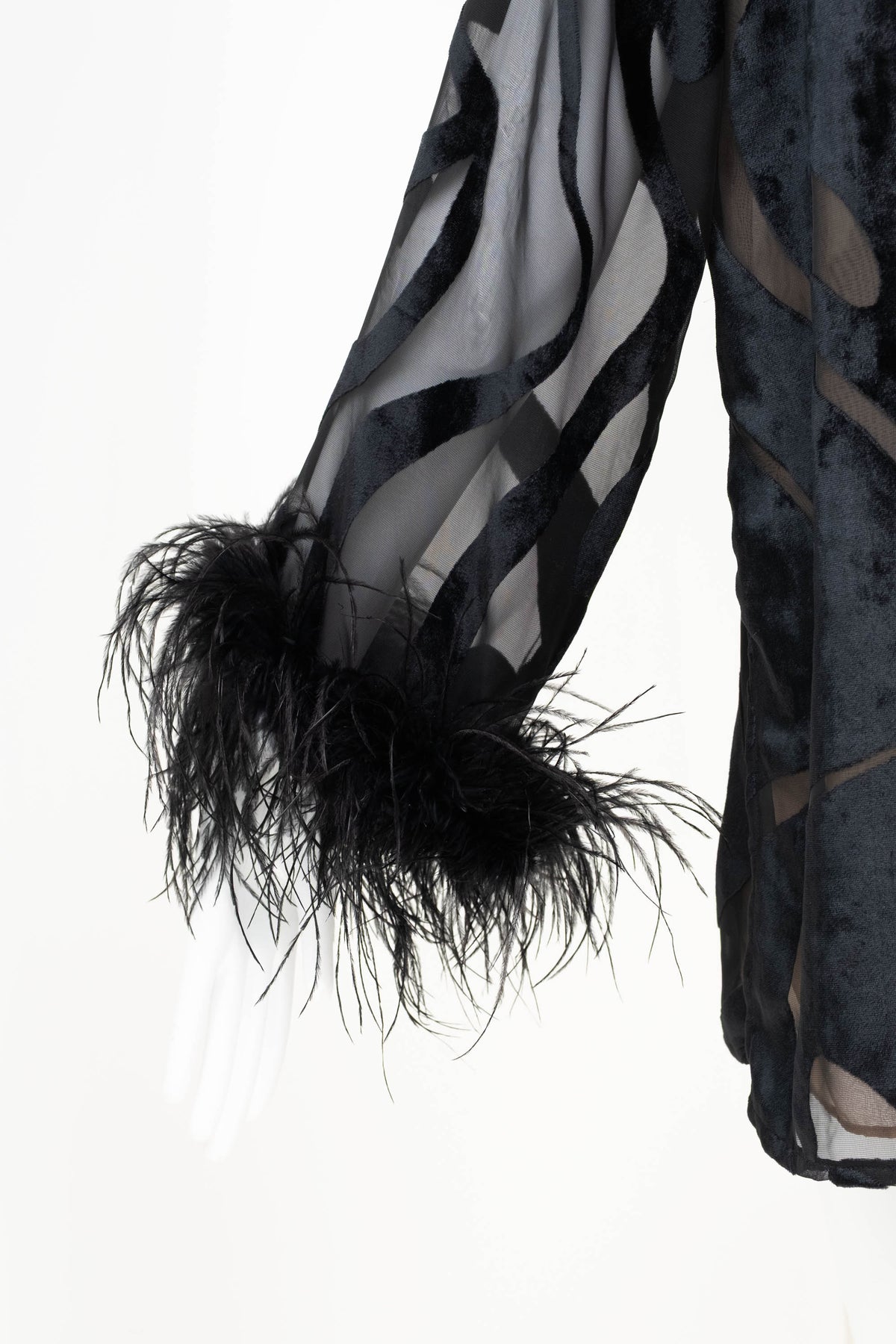 Valentino Intimo Black Chiffon Cut-out Velvet Feather Sleeve Blouse