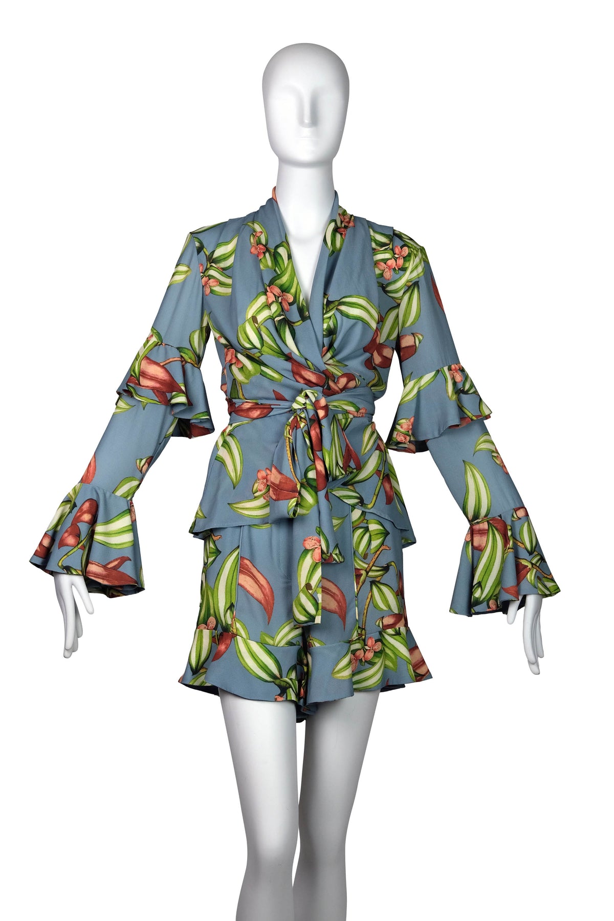 PatBo Grey and Leaf Print Crepe Wrap Top With Shorts Two Piece Set Size 6