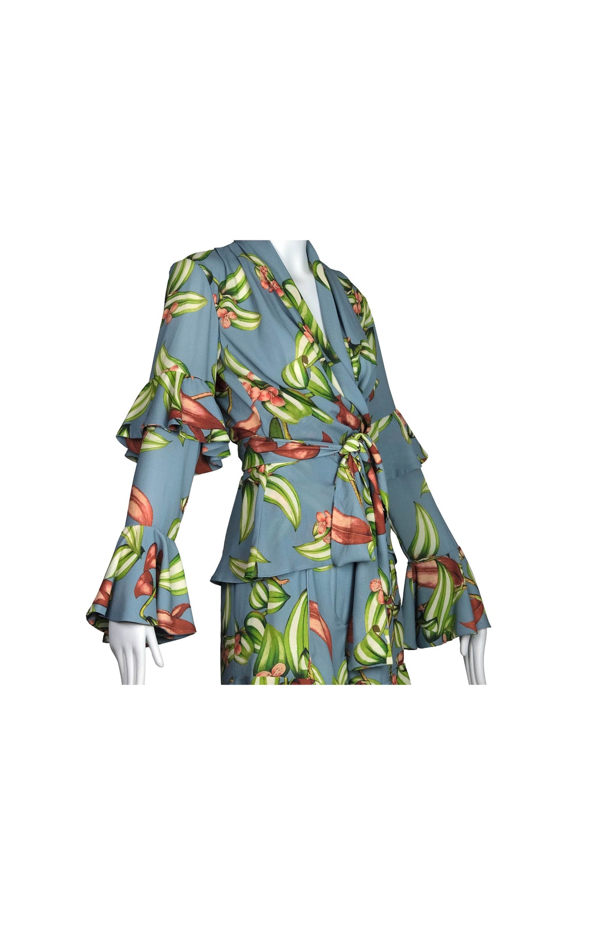 PatBo Grey and Leaf Print Crepe Wrap Top With Shorts Two Piece Set Size 6