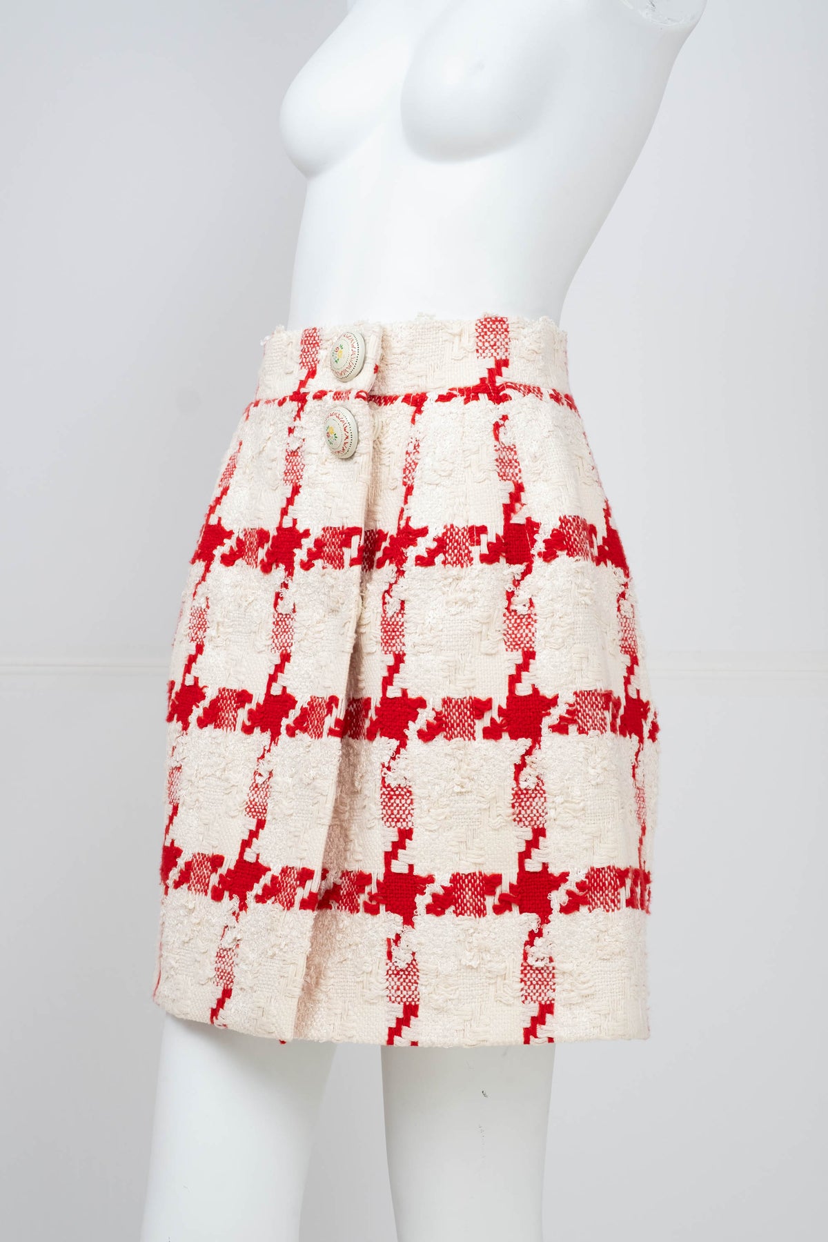 Alexander McQueen Red White Houndstooth Tweed Skirt With Enamel Buttons Size 40/4