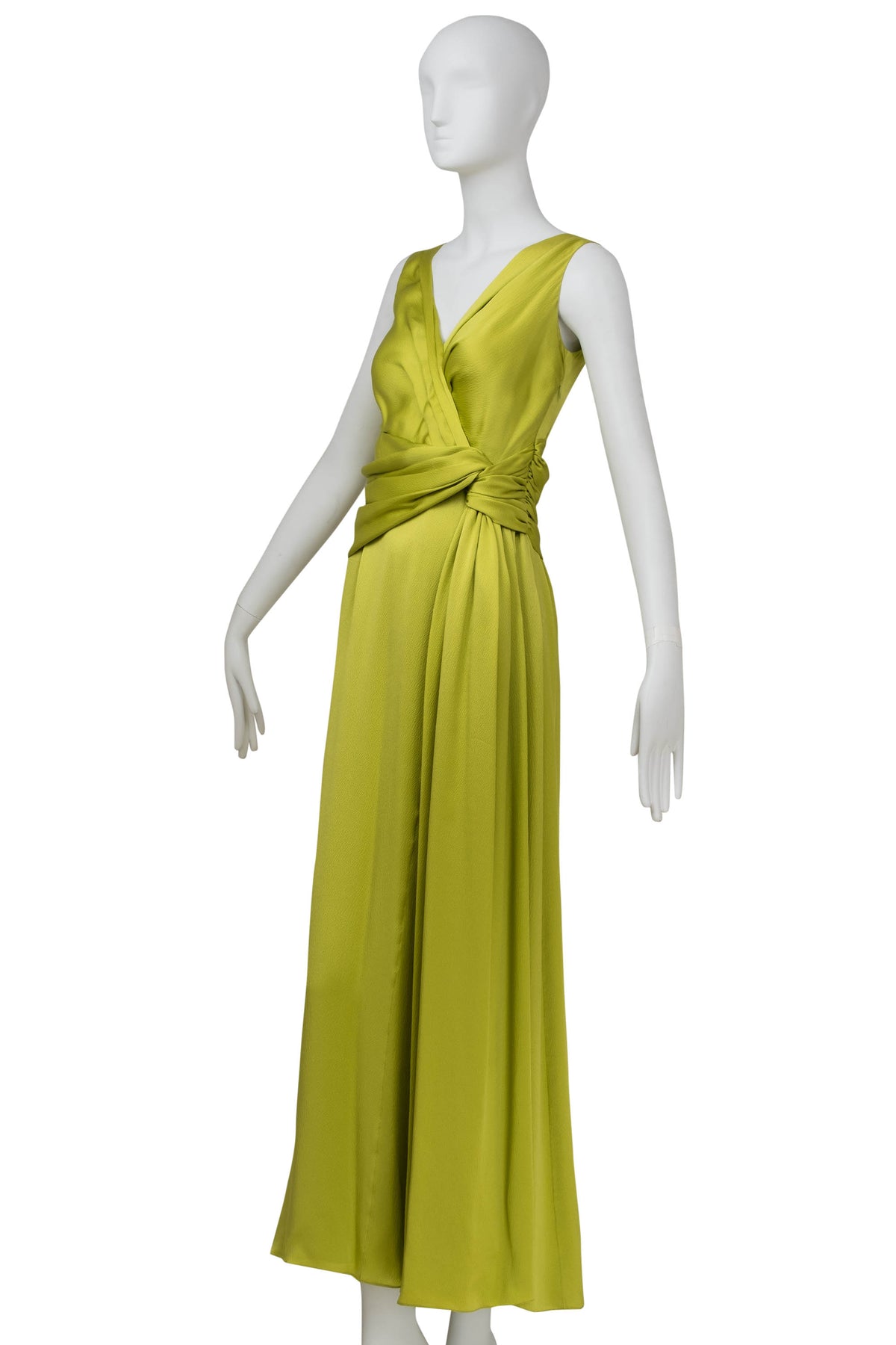 Christian Dior Galliano Chartreuse Hammered Silk Draped Gown f/w 2007 Size 6