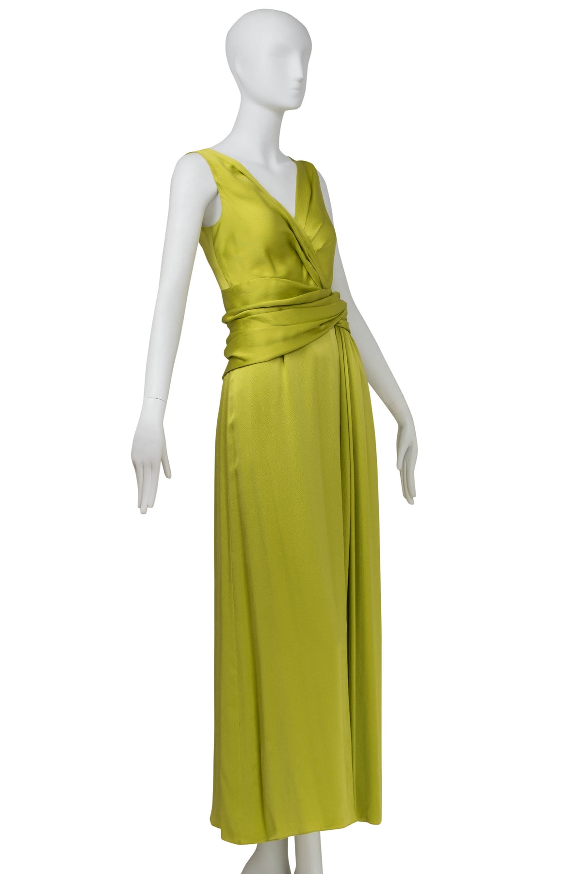 Christian Dior Galliano Chartreuse Hammered Silk Draped Gown f/w 2007 Size 6