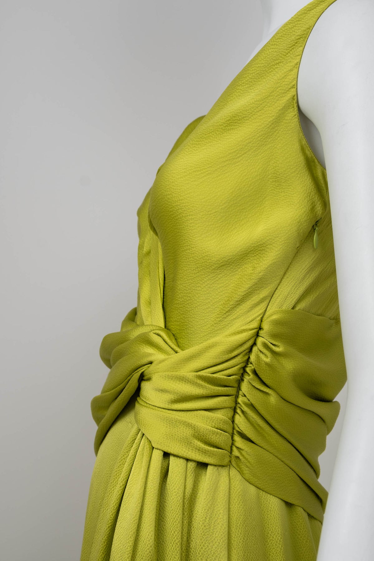 Christian Dior Galliano Chartreuse Hammered Silk Draped Gown f/w 2007 Size 6