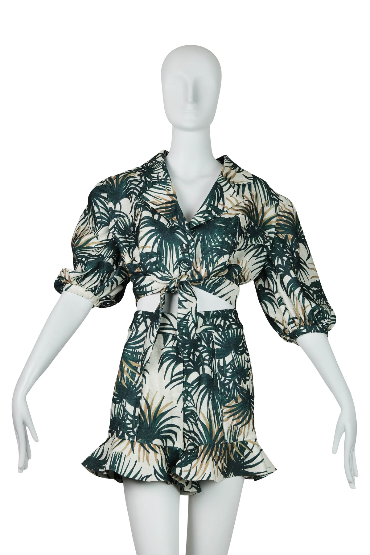 PatBo Palm Print Bark Cloth Tie Top and Ruffle Shorts Two Piece Set Size S
