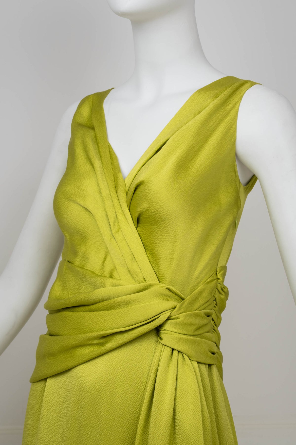 Christian Dior Galliano Chartreuse Hammered Silk Draped Gown f/w 2007 Size 6