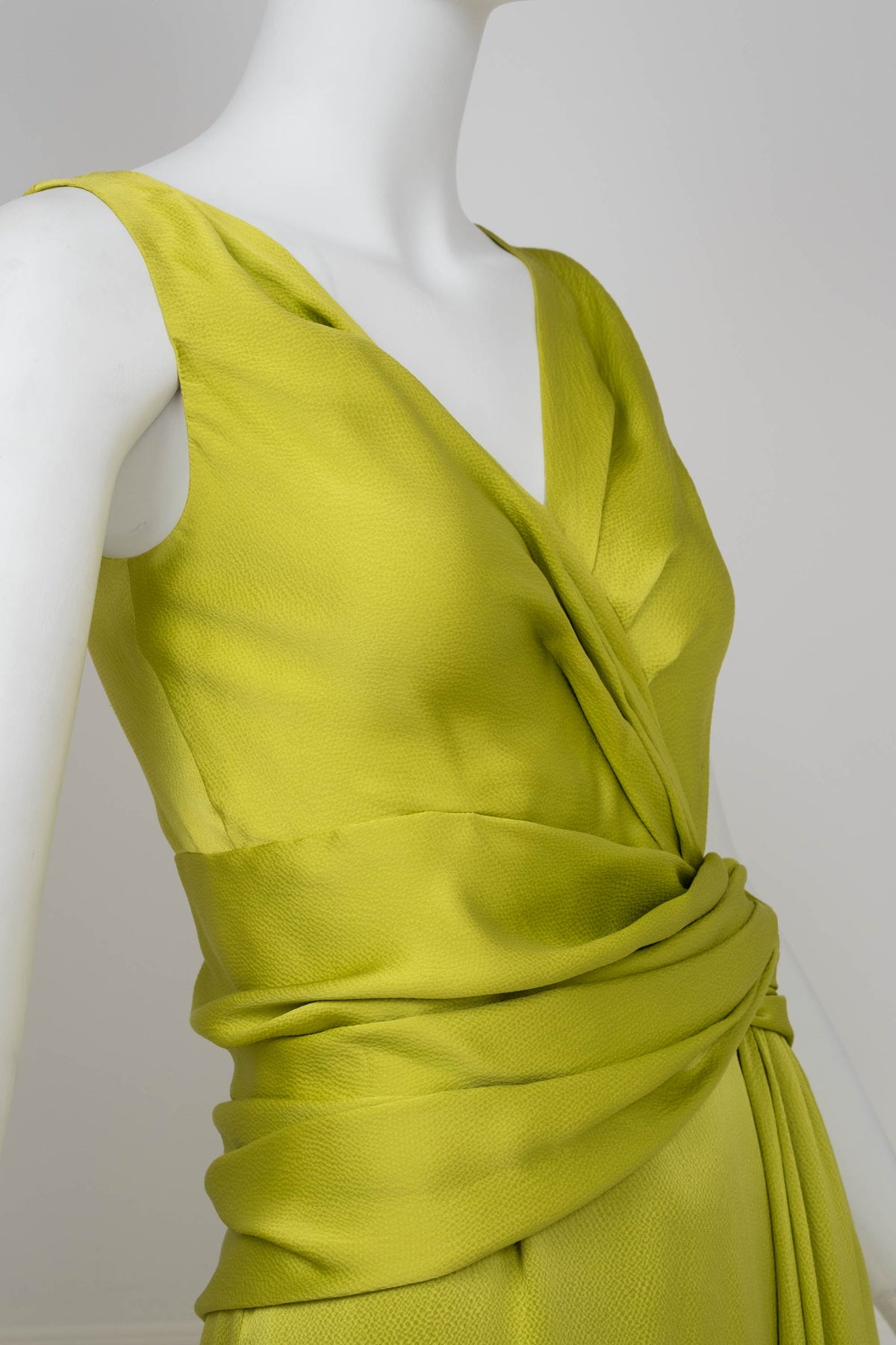 Christian Dior Galliano Chartreuse Hammered Silk Draped Gown f/w 2007 Size 6