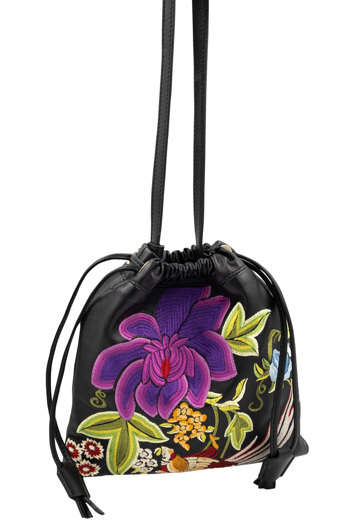 Etro Embroidered Flower Drawstring Crossbody Black Purse