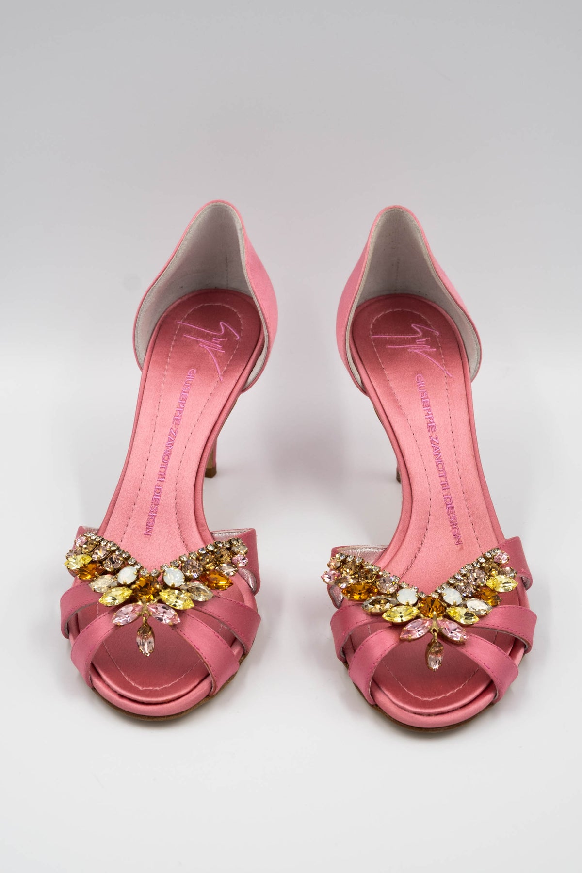 Guiseppe Zanotti Size 7.5 Pink Satin Crystal Toe D'orsay 3" Heels