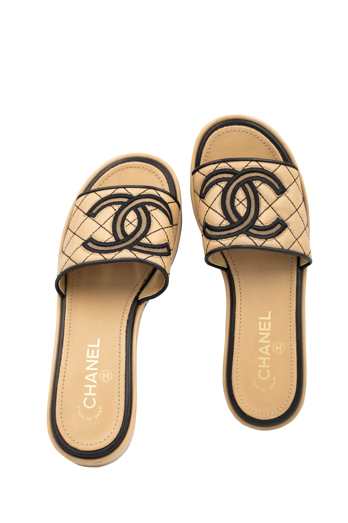 Chanel Beige and Black Quilted Leather CC Slides Sandals Size 39