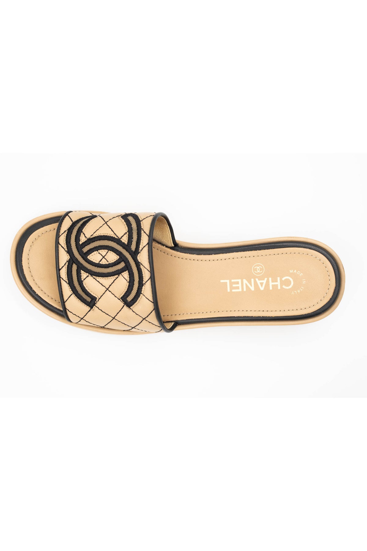 Chanel Beige and Black Quilted Leather CC Slides Sandals Size 39
