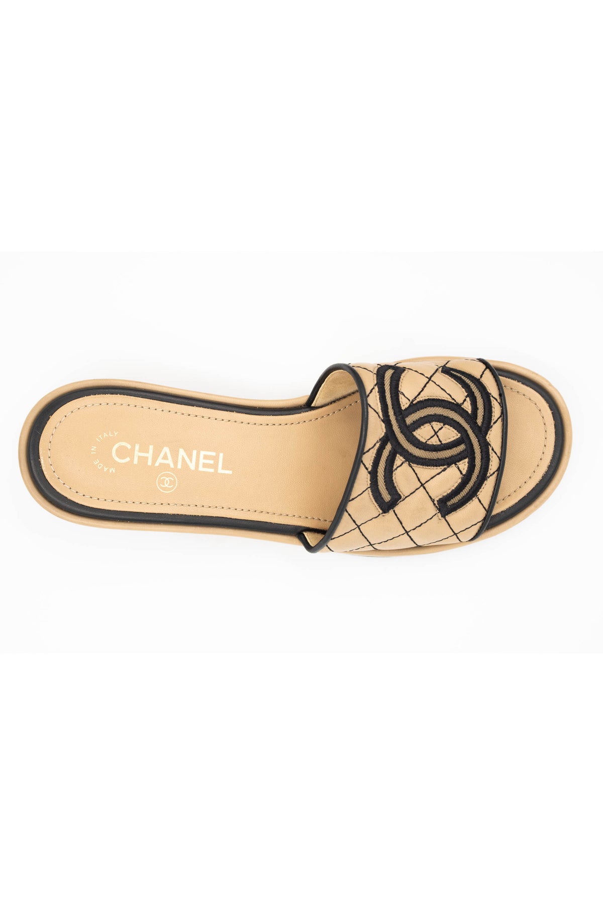 Chanel Beige and Black Quilted Leather CC Slides Sandals Size 39