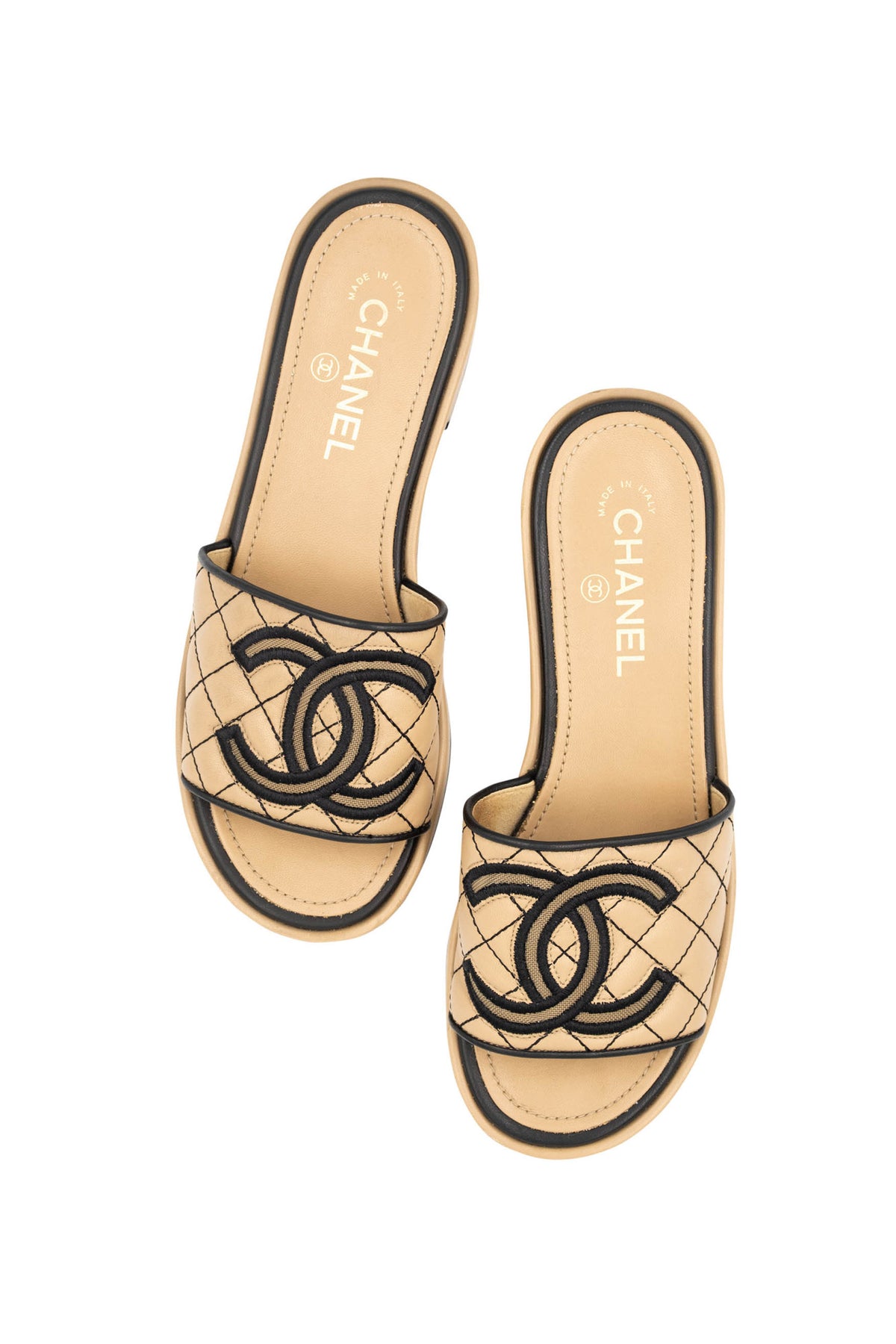 Chanel Beige and Black Quilted Leather CC Slides Sandals Size 39