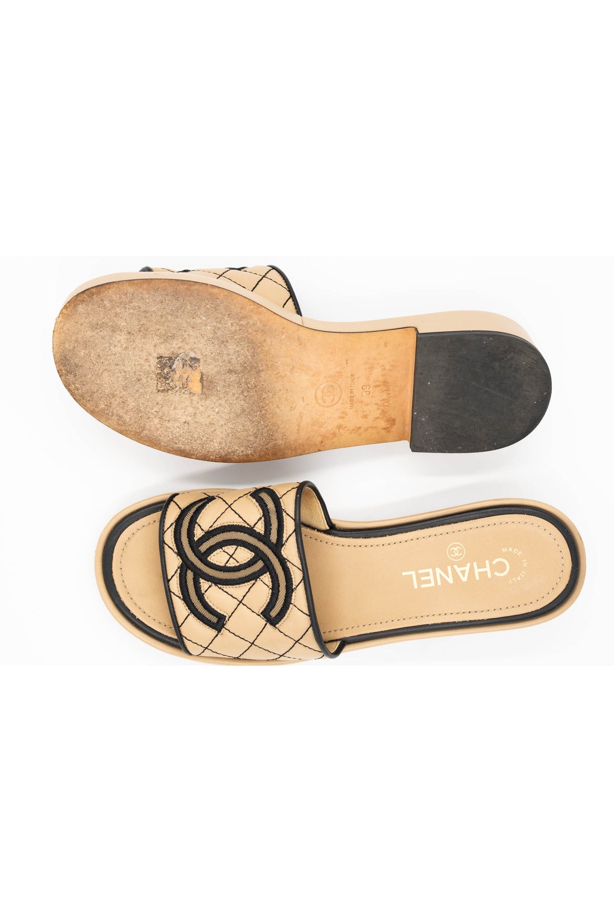 Chanel Beige and Black Quilted Leather CC Slides Sandals Size 39