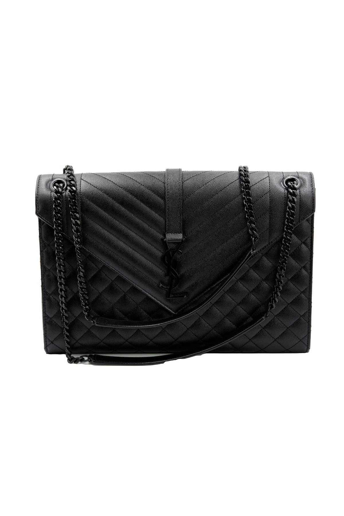 Saint Laurent Black on Black Envelope College Triquilt Medium Grained Leather Shoulder Bag