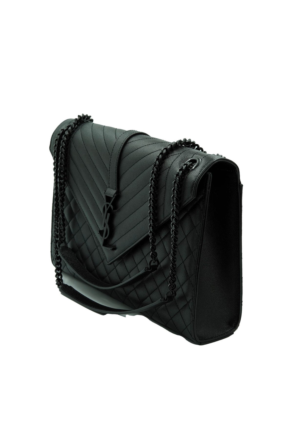 Saint Laurent Black on Black Envelope College Triquilt Medium Grained Leather Shoulder Bag