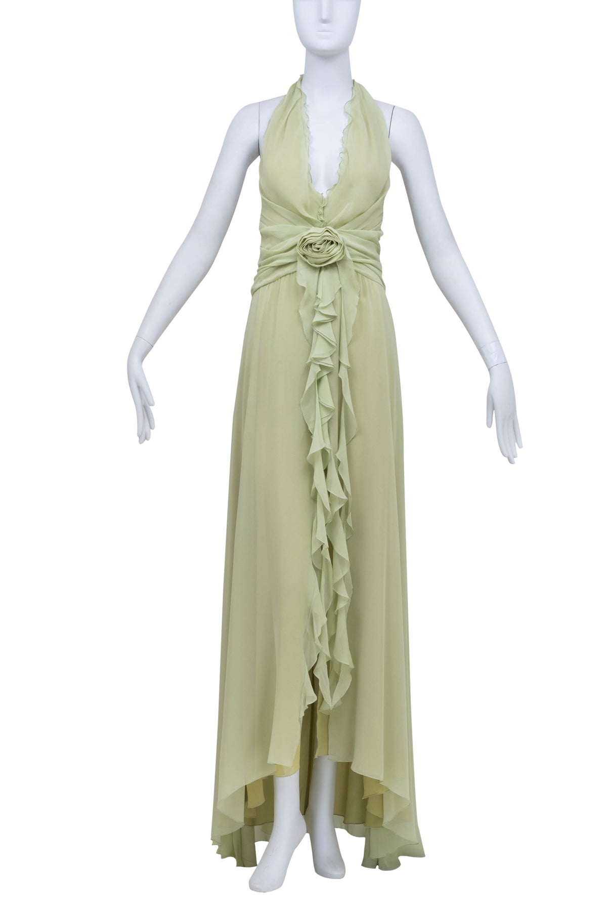 Blumarine Light Green Chiffon Halter Ruffle Maxi Dress Size Small