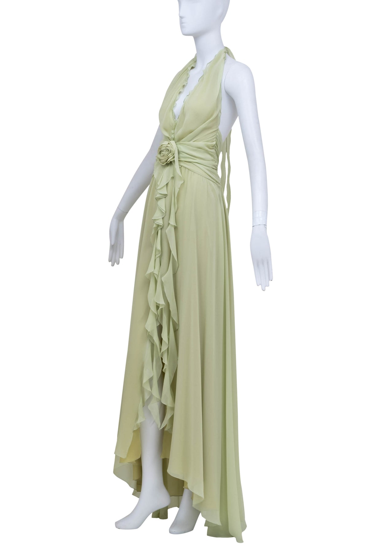 Blumarine Light Green Chiffon Halter Ruffle Maxi Dress Size Small
