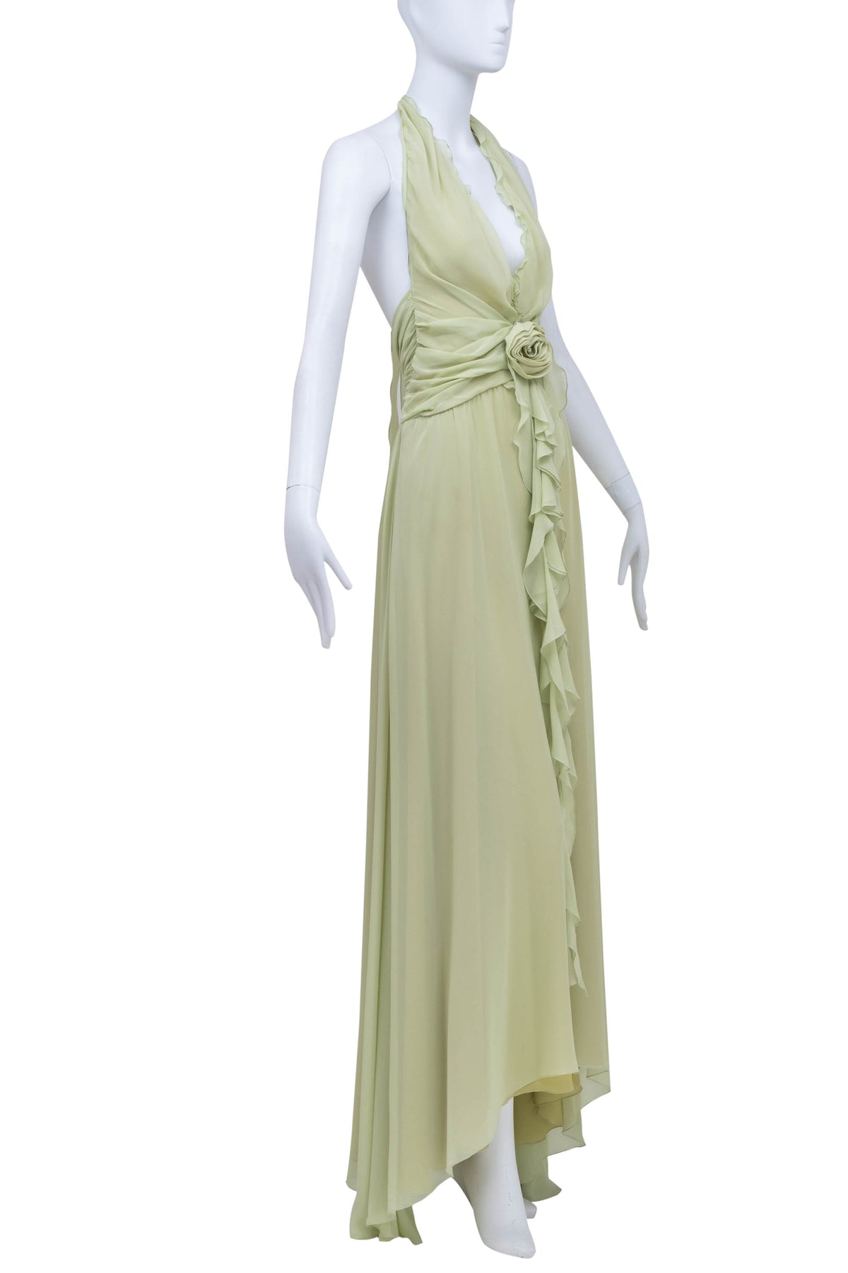 Blumarine Light Green Chiffon Halter Ruffle Maxi Dress Size Small