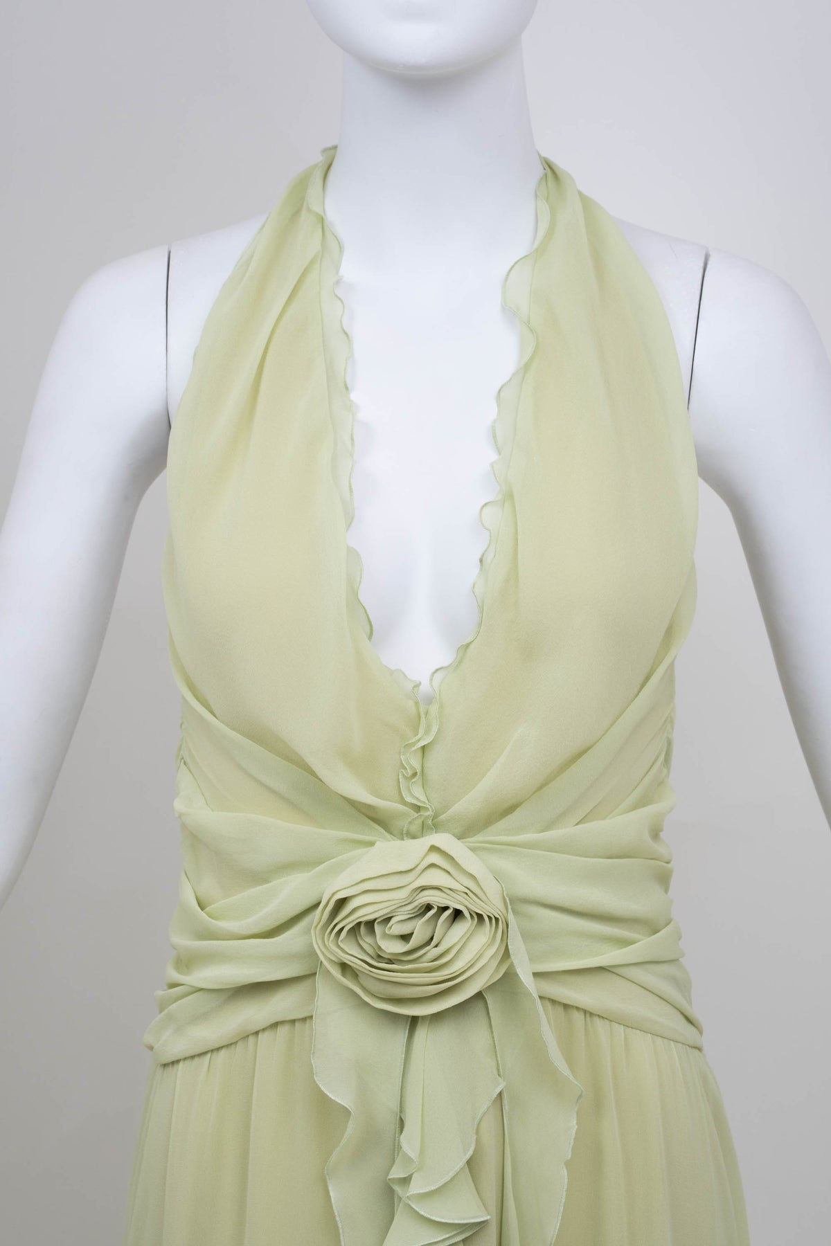 Blumarine Light Green Chiffon Halter Ruffle Maxi Dress Size Small