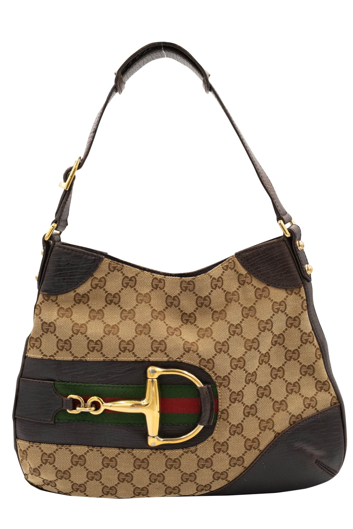 Gucci Brown Canvas Monogram Horse Bit Hobo Purse Size M