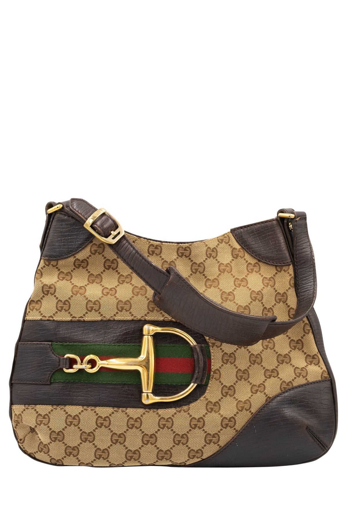 Gucci Brown Canvas Monogram Horse Bit Hobo Purse Size M