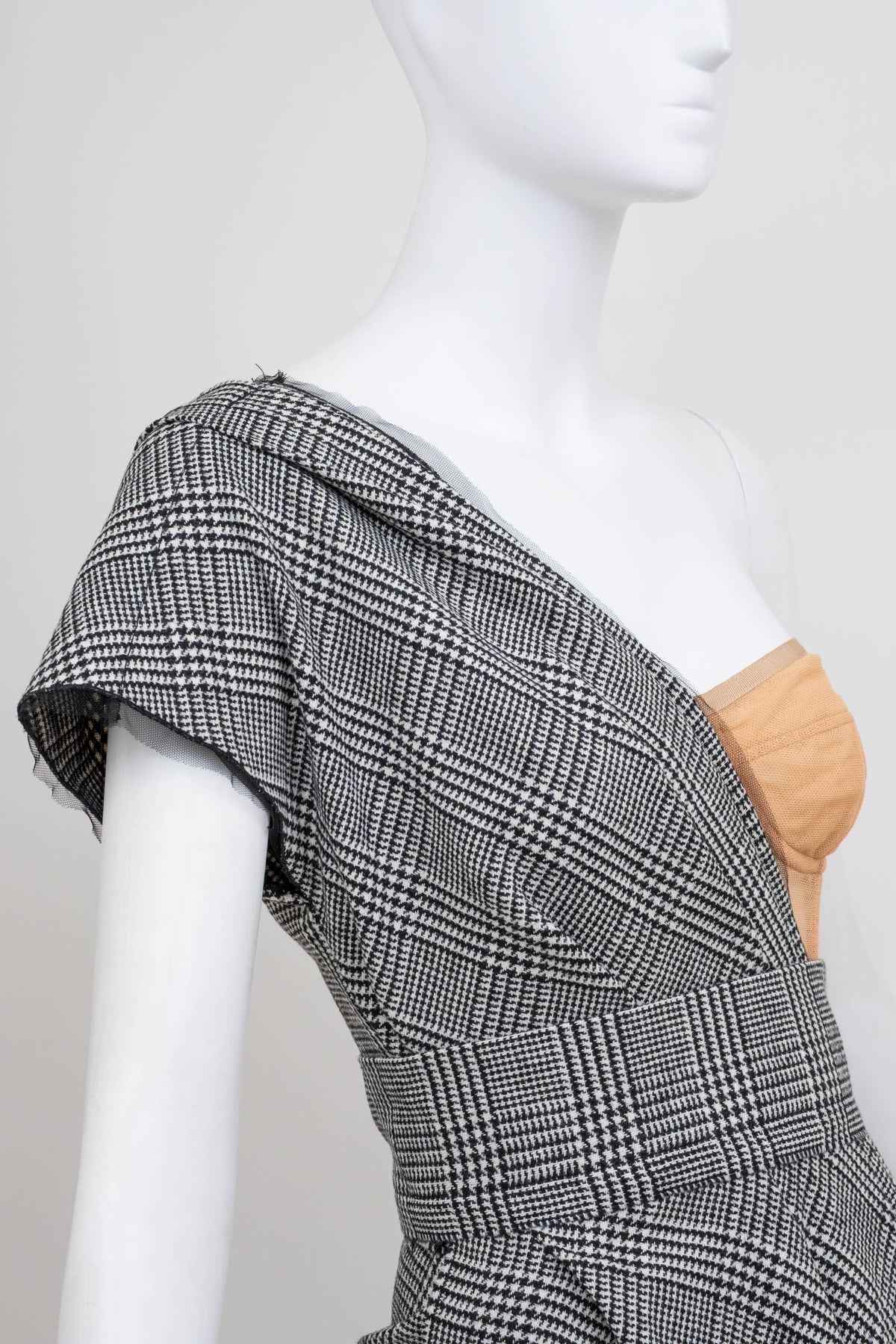 Dolce & Gabbana Black and White Houndstooth Off-Shoulder Dress Size 36