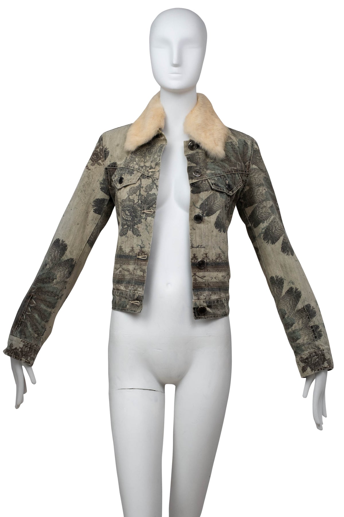 Jean Paul Gaultier Denim Grey Floral Print Jacket With Fur Neck Size M