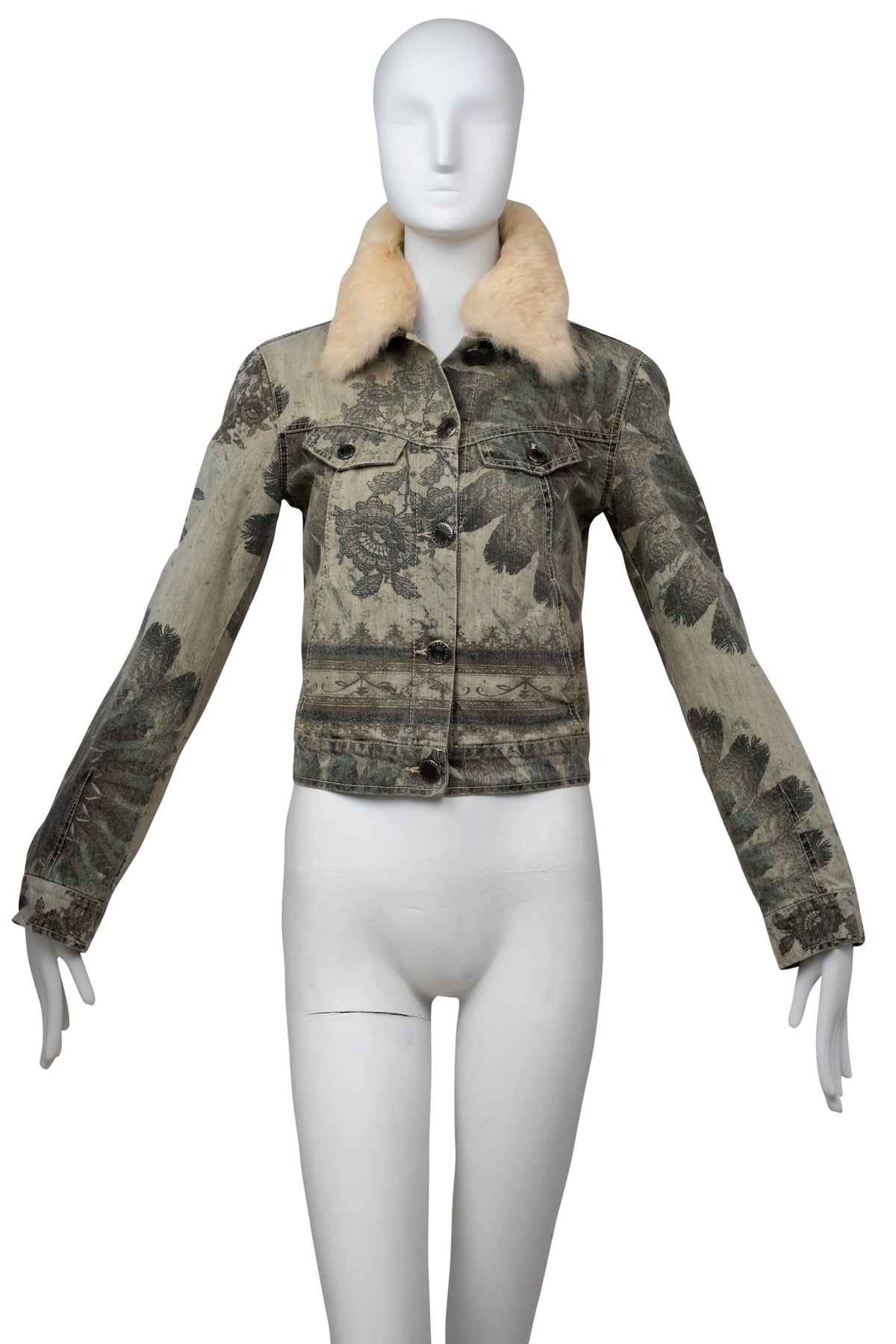 Jean Paul Gaultier Denim Grey Floral Print Jacket With Fur Neck Size M
