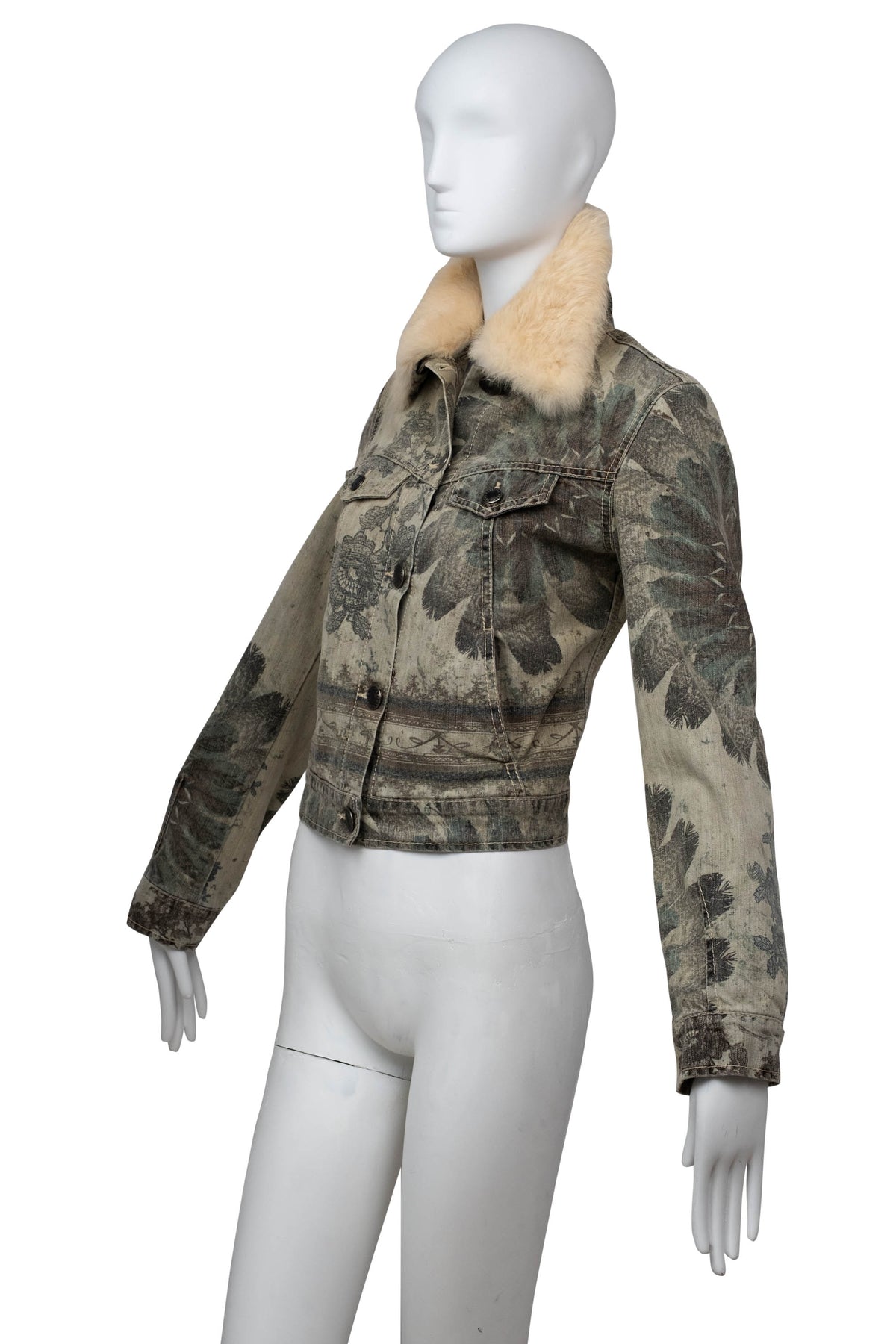 Jean Paul Gaultier Denim Grey Floral Print Jacket With Fur Neck Size M