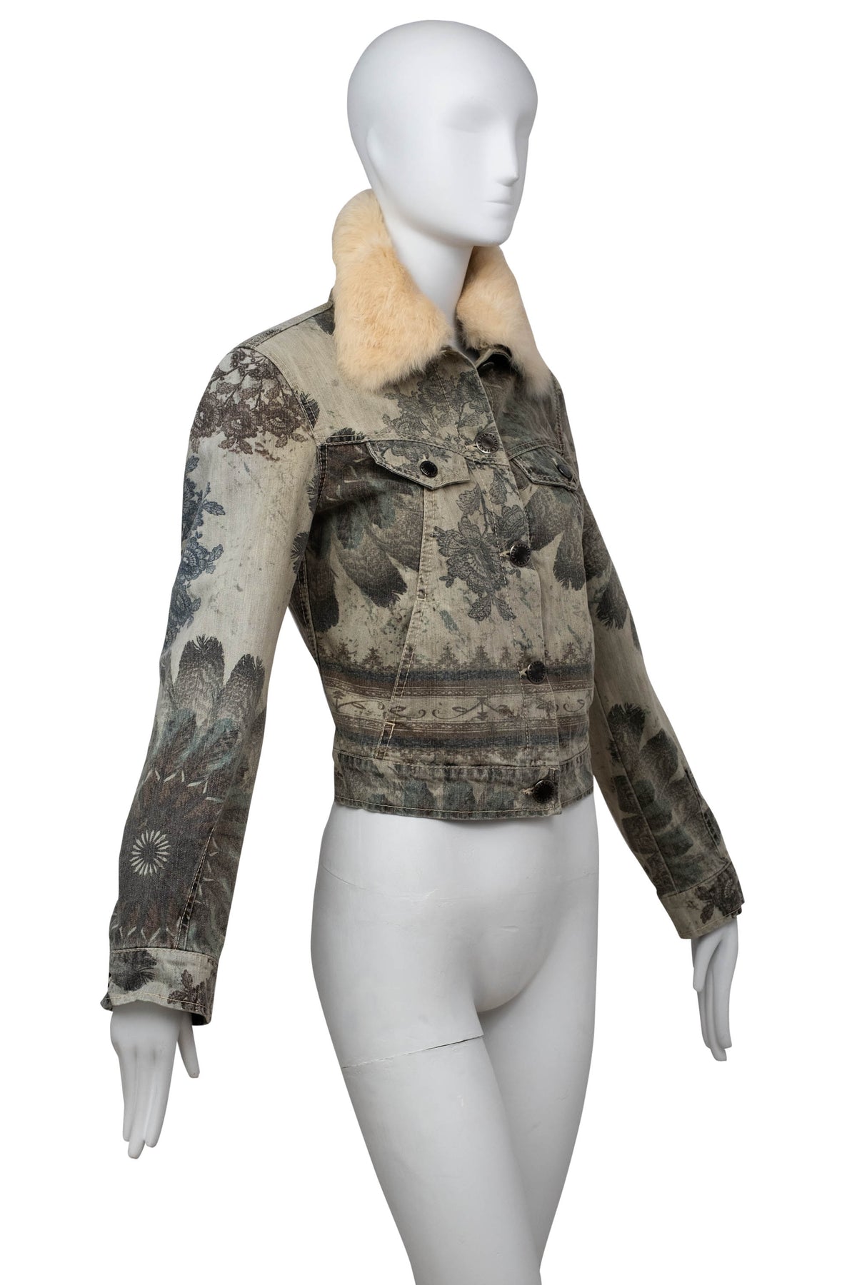 Jean Paul Gaultier Denim Grey Floral Print Jacket With Fur Neck Size M