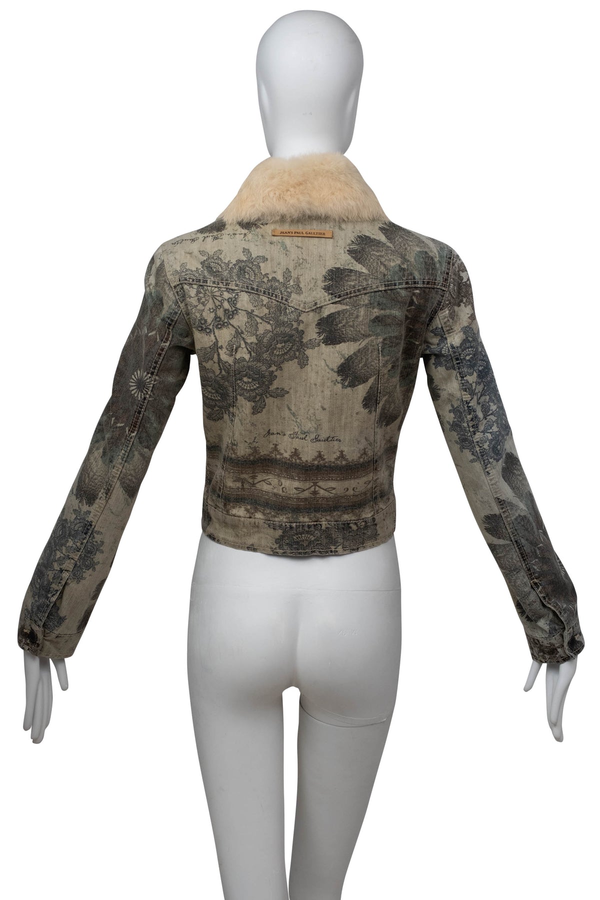 Jean Paul Gaultier Denim Grey Floral Print Jacket With Fur Neck Size M