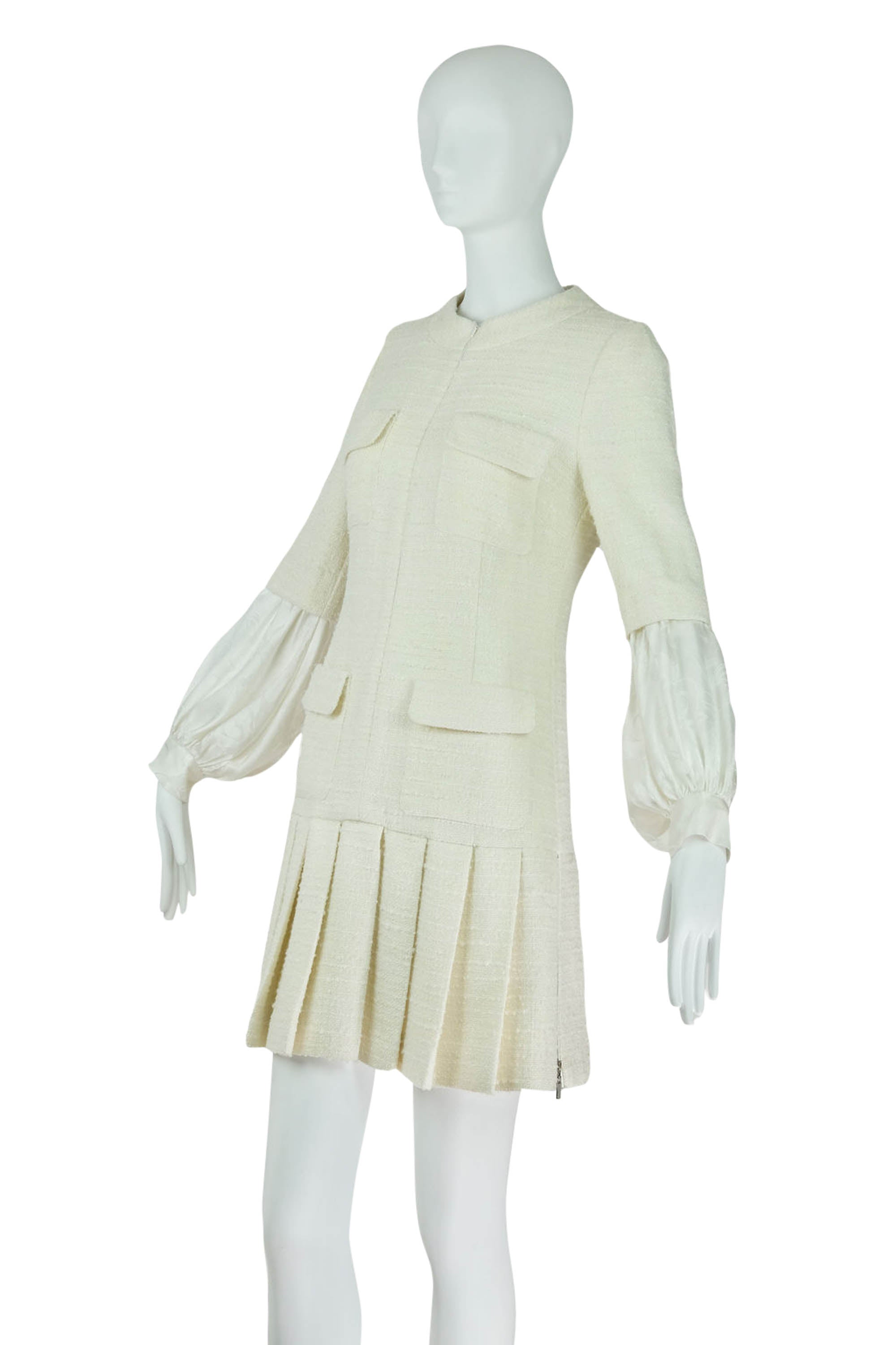 Chanel Vintage White/Cream Tweed Pleated Skirt Dress AW2015 Size 38