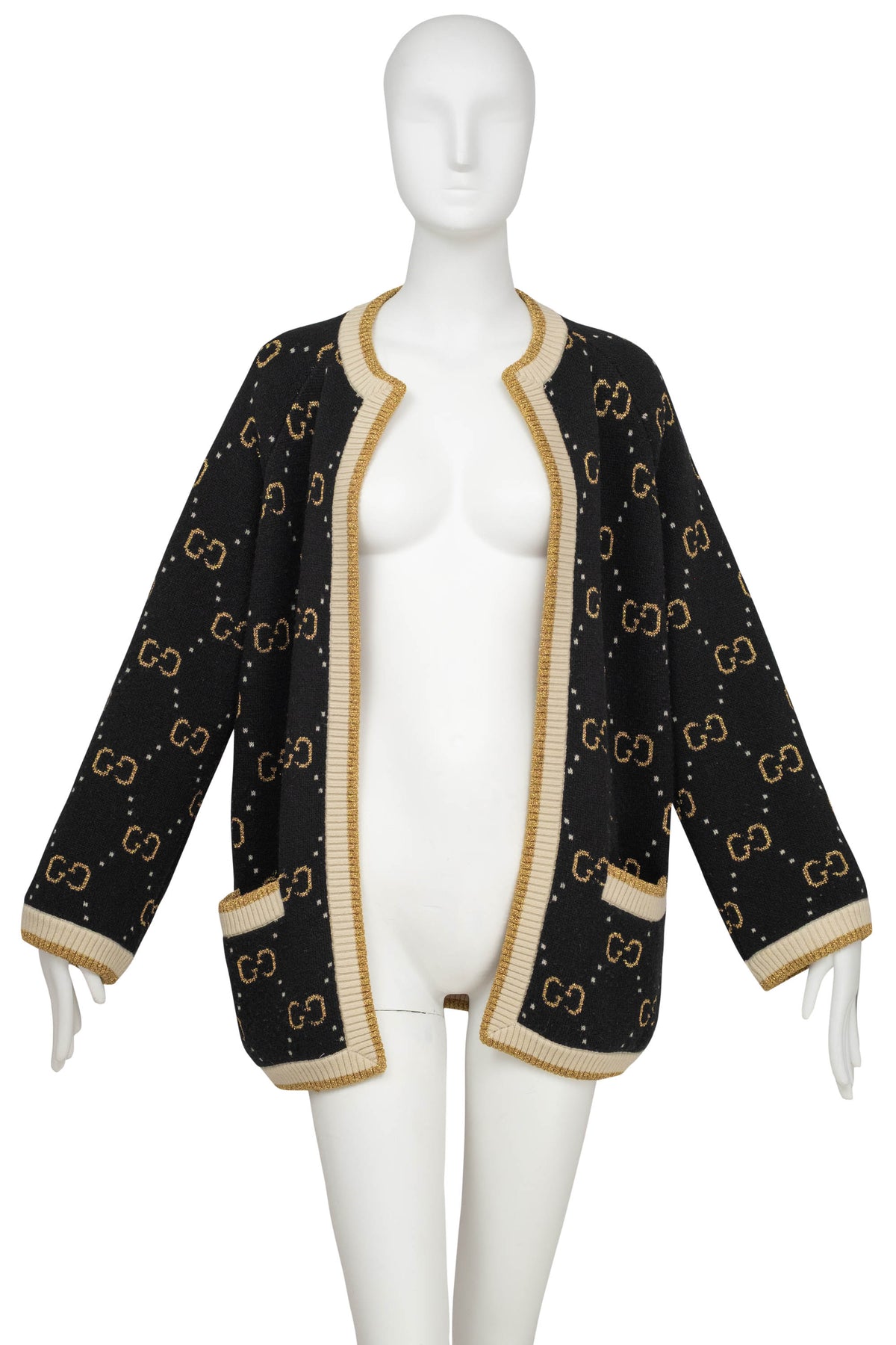 Gucci Black and Gold GG Monogram Wool Cardigan Silk Lining Sweater Size S